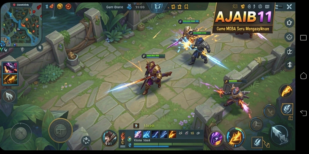 Tampilan gameplay AJAIB11 menunjukkan aksi pertempuran MOBA yang seru.