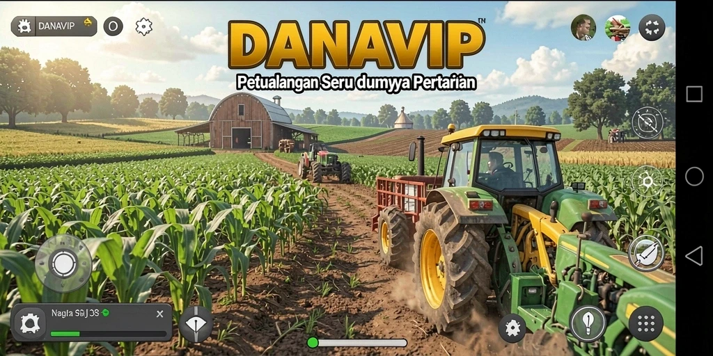 Tampilan gameplay seru dalam DANAVIP yang menampilkan pertanian yang berwarna-warni.