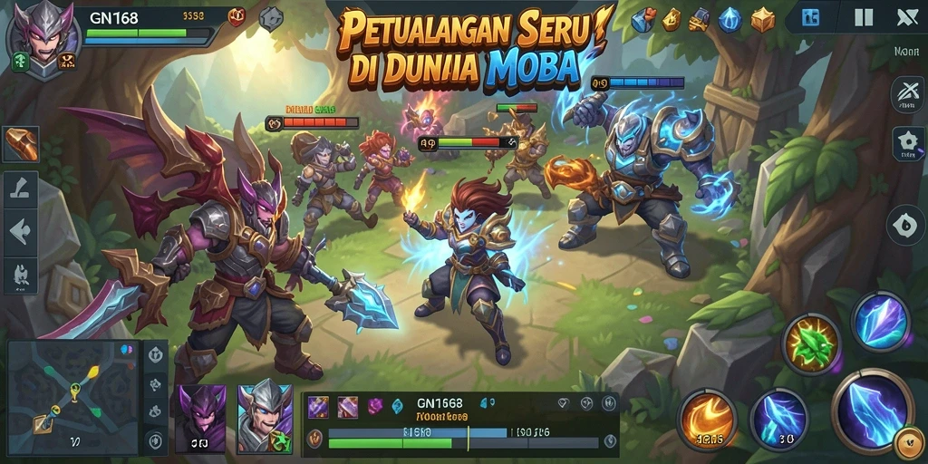 Screenshot gameplay GN168 menampilkan aksi seru antar tim di arena MOBA.