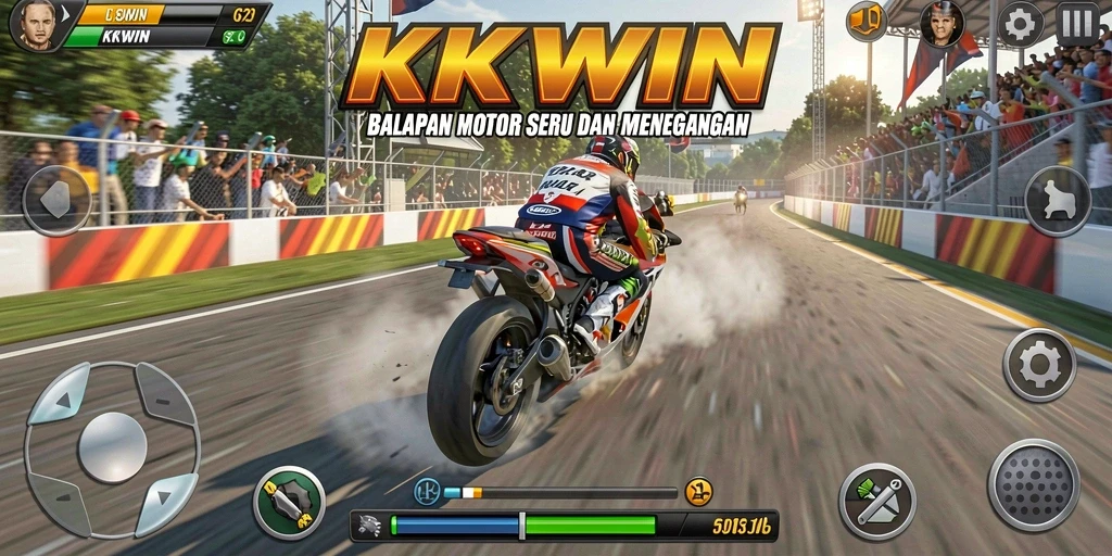 Screenshot KKWIN menampilkan aksi balapan motor yang mendebarkan.