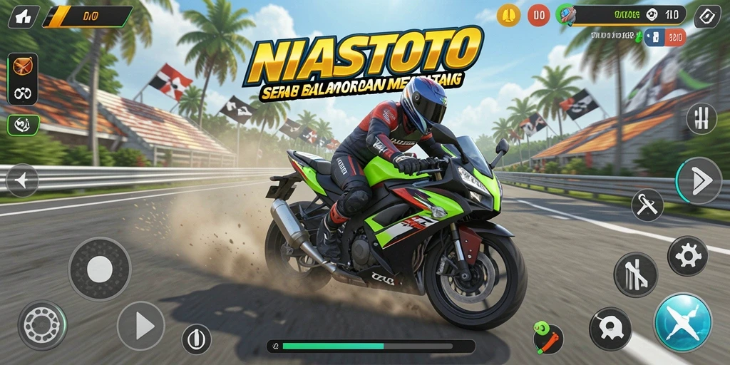 Gameplay seru NIASTOTO saat memacu motor di lintasan balap.