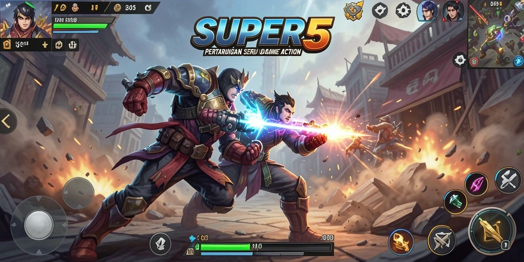 Tangkapan layar memamerkan aksi seru dalam SUPER5 dengan grafis yang menawan.