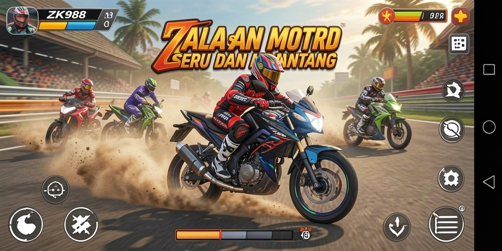 Screenshot gameplay ZK988 menunjukkan aksi balapan motor yang seru.